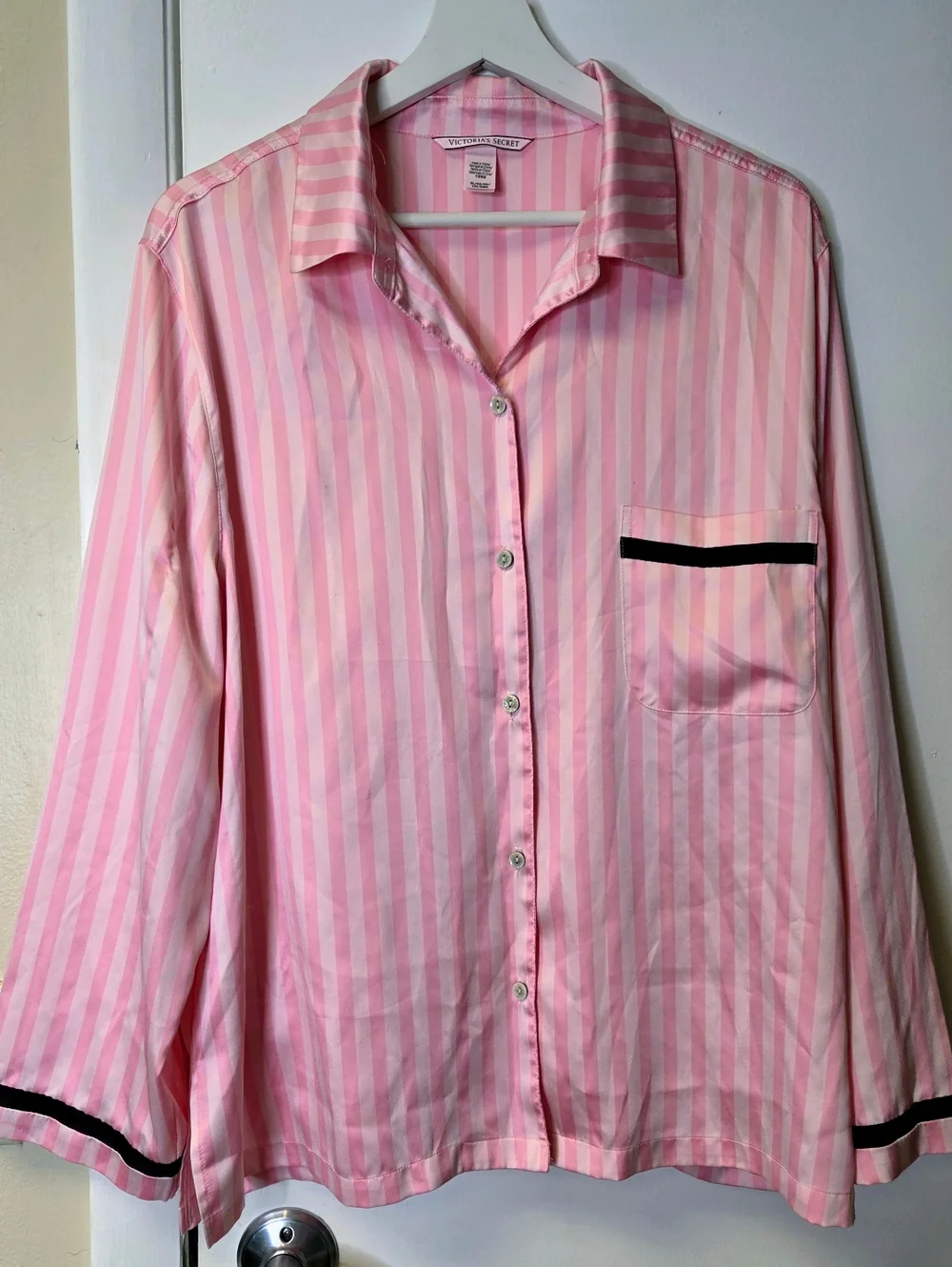 Victoria’s Secret Pink Stripe Satin Pajama Top - XL - Satin Gloss Button Down